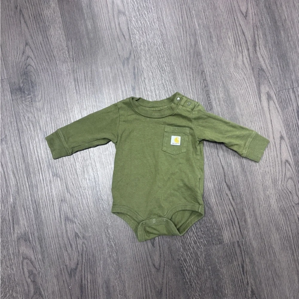 Set of three: (LtoR) 0-3mo Emporio Baby, 3mo Carhartt & 3mo Member’s Mark Onsies